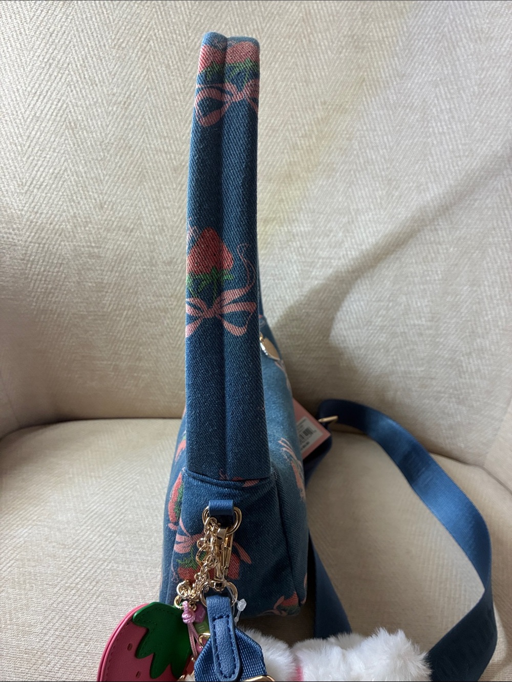 Juicy Couture Blue Denim Floral Bow Shoulder Bag with Strawberry Charm - Picture 7 of 12